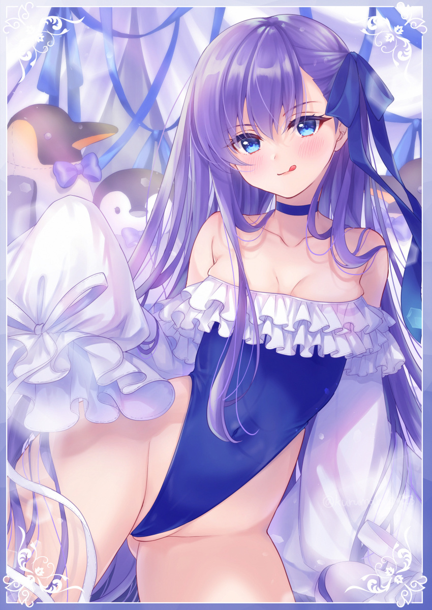 1girl absurdres bangs bare_shoulders bird blue_eyes blue_ribbon blush breasts choker collarbone covered_navel fate/grand_order fate_(series) frills hair_ribbon highleg highleg_swimsuit highres licking_lips long_hair long_sleeves looking_at_viewer meltryllis_(fate) meltryllis_(swimsuit_lancer)_(fate) off-shoulder_swimsuit off_shoulder one-piece_swimsuit penguin pika_mouse puffy_sleeves purple_hair ribbon sleeves_past_fingers sleeves_past_wrists small_breasts smile swimsuit thighs tongue tongue_out very_long_hair white_ribbon