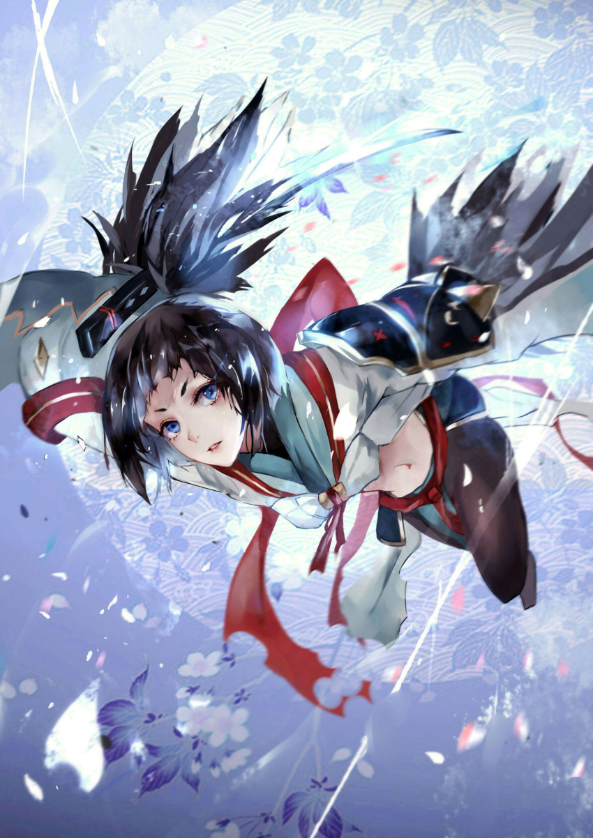 1girl absurdres black_hair black_pants blue_eyes blue_flower floral_background flower highres katana long_sleeves looking_at_viewer midriff navel onmyoji pants parted_lips sailor_collar school_uniform serafuku shirt short_hair solo sword tachi_(weapon) ubume_(onmyoji) vardan weapon white_shirt youkai