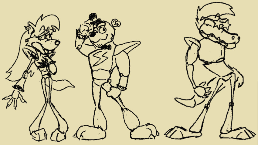 80's_theme alligator alligatorid anthro armor bow_tie bracelet canid canine canis claws clothing crocodilian doodledoggy ear_piercing ear_ring eyewear female five_nights_at_freddy's five_nights_at_freddy's:_security_breach ghost glamrock_freddy_(fnaf) group hair half-closed_eyes hat headgear headwear hi_res horror_(theme) jewelry long_hair long_tail machine male mammal monochrome montgomery_gator_(fnaf) musician narrowed_eyes one_eye_closed overbite pauldron piercing reptile robot robotic roxanne_wolf_(fnaf) scalie scott_cawthon simple_background spiked_bracelet spikes spirit star_glasses stubby_tail sunglasses synthetic tattoo teeth tipping_hat top_hat ursid video_games wink wolf yellow_and_black