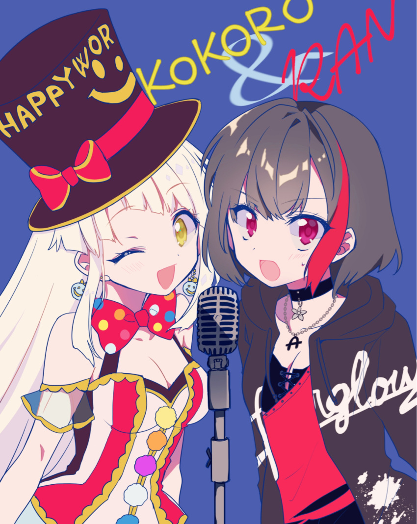 2girls :o ;d bang_dream! bangs bare_shoulders black_hair black_neckwear blonde_hair blue_background blush bow bowtie breasts chain_necklace character_name choker cleavage commentary_request diagonal_bangs dress earrings eyebrows_visible_through_hair hat hat_bow highres hood hood_down hoodie jewelry large_bow long_hair long_sleeves looking_at_viewer medium_breasts microphone mio_(melchi) mitake_ran multicolored_hair multiple_girls one_eye_closed open_clothes open_hoodie open_mouth pendant pendant_choker planet_earrings polka_dot polka_dot_bow polka_dot_neckwear pom_pom_(clothes) red_eyes red_neckwear short_hair sidelocks sleeveless sleeveless_dress small_breasts smile standing streaked_hair sweatdrop top_hat tsurumaki_kokoro upper_body very_long_hair yellow_eyes