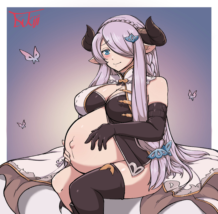 absurd_res belly big_belly big_breasts breasts cleavage clothed clothing female granblue_fantasy hair hair_over_eye hi_res holding_belly horn horned_humanoid humanoid humanoid_pointy_ears legwear narmaya not_furry one_eye_obstructed pregnant solo thigh_highs tsukiji