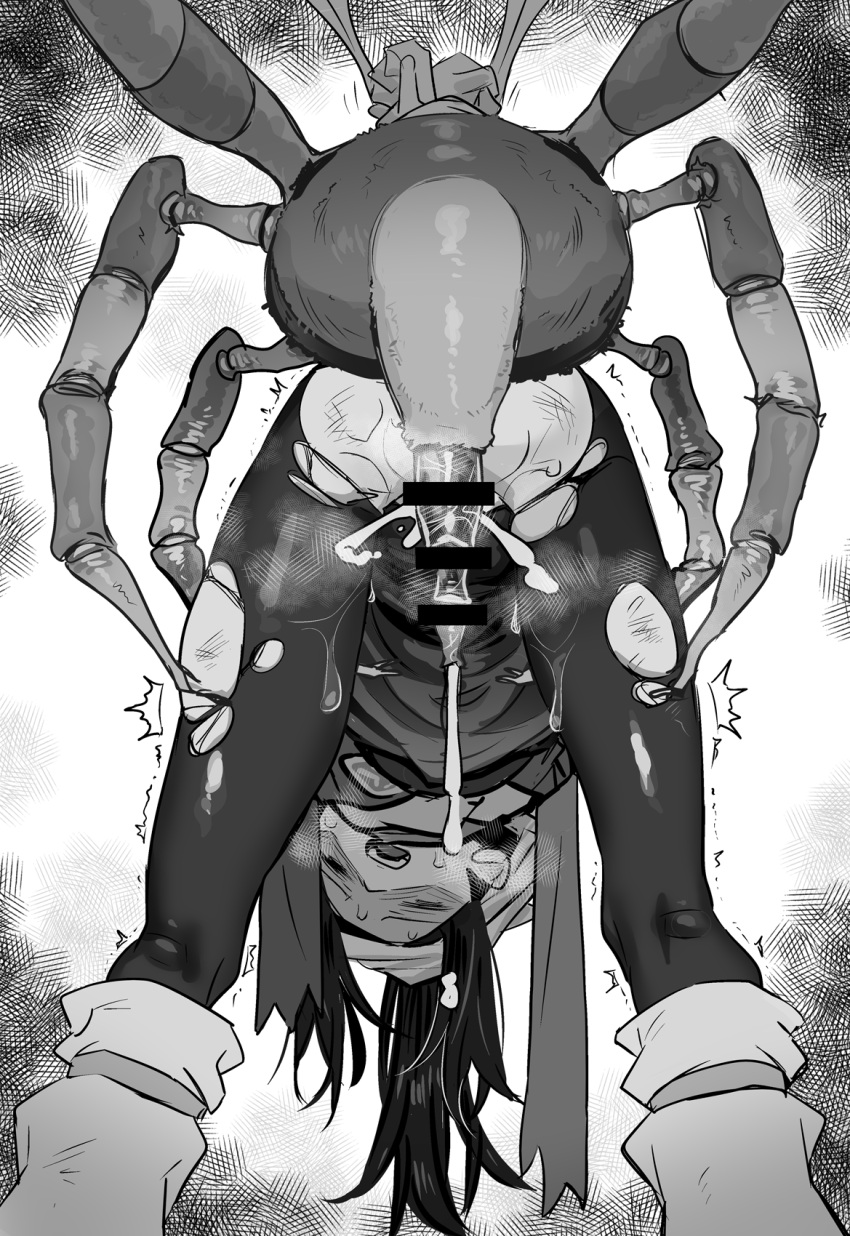 1girl ^^^ ariados barbarian_tk bent_over bestiality bug closed_eyes commentary_request cum dirty female_protagonist_(pokemon_legends:_arceus) gen_2_pokemon greyscale highres kneepits long_hair monochrome open_mouth pantyhose penis pokemon pokemon_(creature) pokemon_(game) pokemon_legends:_arceus scarf sidelocks socks spider sweat teeth tongue torn_clothes torn_legwear trembling