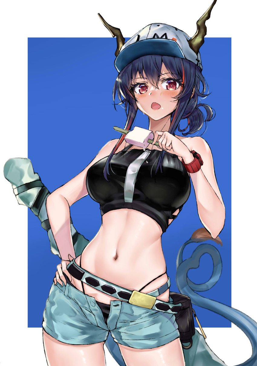 1girl absurdres arknights bangs bare_arms bare_shoulders baseball_cap bikini black_bikini blue_hair blue_shorts blush breasts ch'en_(arknights) commentary_request cowboy_shot dragon_horns dragon_tail female_tourist_c_(arknights) food hair_between_eyes hand_on_hip hat highres holding holding_food horns horns_through_headwear kakeru_(kakeru) large_breasts long_hair looking_at_viewer navel open_fly open_mouth popsicle red_eyes short_shorts shorts solo standing stomach swimsuit tail thighs white_headwear