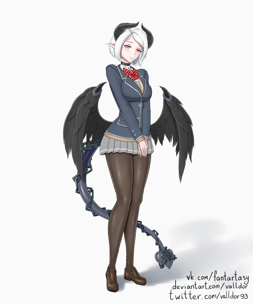 1girl absurdres black_choker black_legwear black_wings blazer blush breasts brown_footwear chain choker closed_mouth dark_priest demon_girl feathered_wings full_body half-closed_eyes highres horns jacket light_smile monster_girl monster_girl_encyclopedia own_hands_together pantyhose pleated_skirt pointy_ears red_eyes red_neckwear school_uniform short_hair simple_background skirt solo standing tail valldor vest watermark web_address white_hair wings