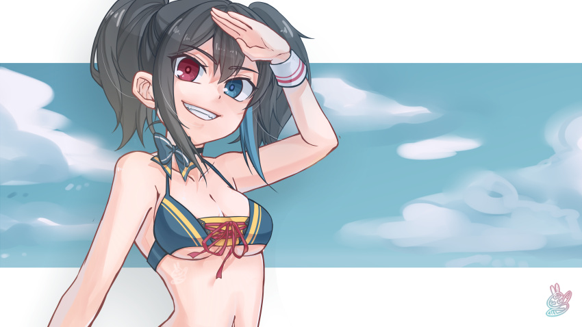 1girl absurdres bangs bird black_hair blue_eyes blue_hair blue_swimsuit breasts cleavage death100022 heterochromia highres medium_breasts midriff midriff_peek multicolored_hair ocean red_eyes salute seagull smile swimsuit swimwear twintails two_side_up underboob utau wrist_cuffs yokune_ruko