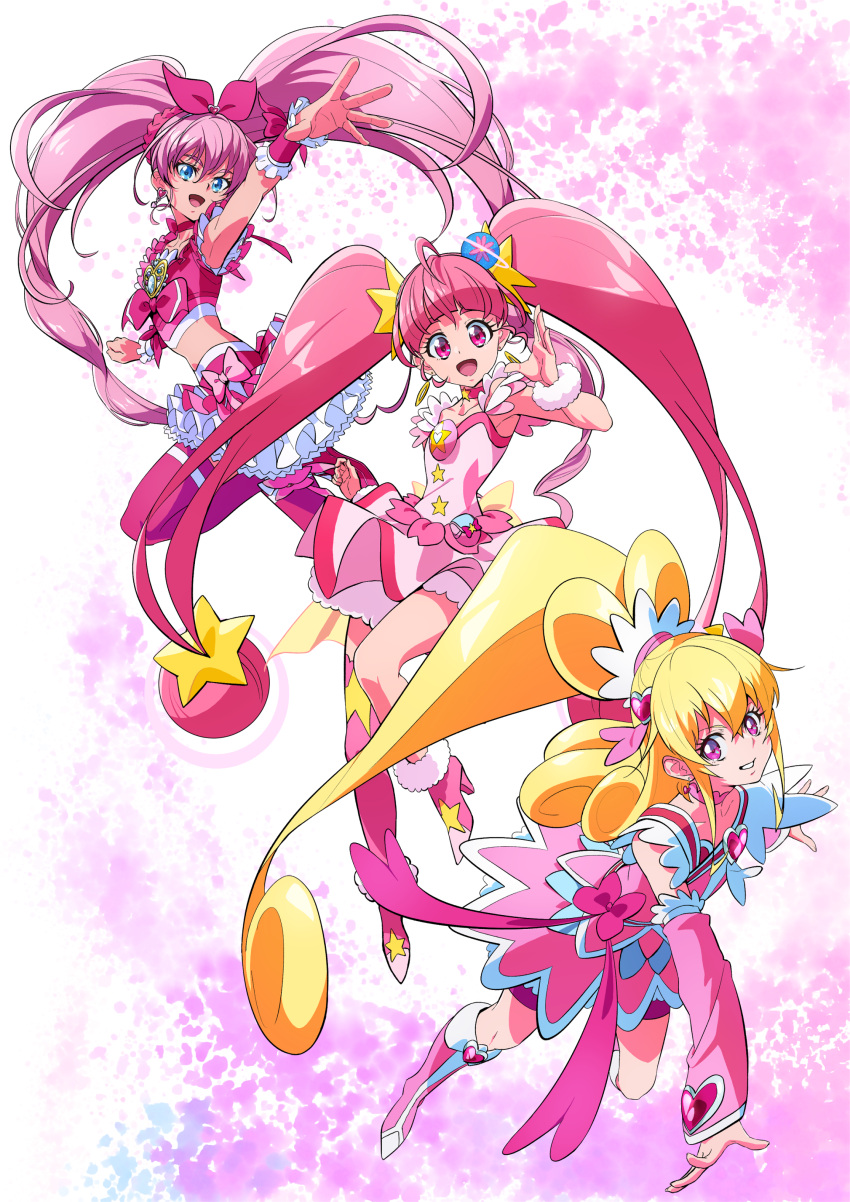 3girls :d abstract_background absurdres ahoge aida_mana arm_warmers bangs bike_shorts blue_eyes blunt_bangs boots bow brooch choker color_connection crop_top cure_heart cure_melody cure_star curly_hair dokidoki!_precure dress dress_bow frilled_skirt frills hair_bow hair_ornament heart heart_hair_ornament highres hoshina_hikaru houjou_hibiki jewelry knee_boots layered_skirt long_hair looking_at_viewer magical_girl multiple_girls nukosann open_mouth pink_background pink_bow pink_dress pink_eyes pink_footwear pink_hair pink_legwear pink_neckwear pink_shorts pink_skirt pink_sleeves pink_theme planet_hair_ornament ponytail pouch precure shoes shorts shorts_under_skirt single_thighhigh skirt smile star_(symbol) star_choker star_twinkle_precure suite_precure thighhighs twintails wrist_cuffs