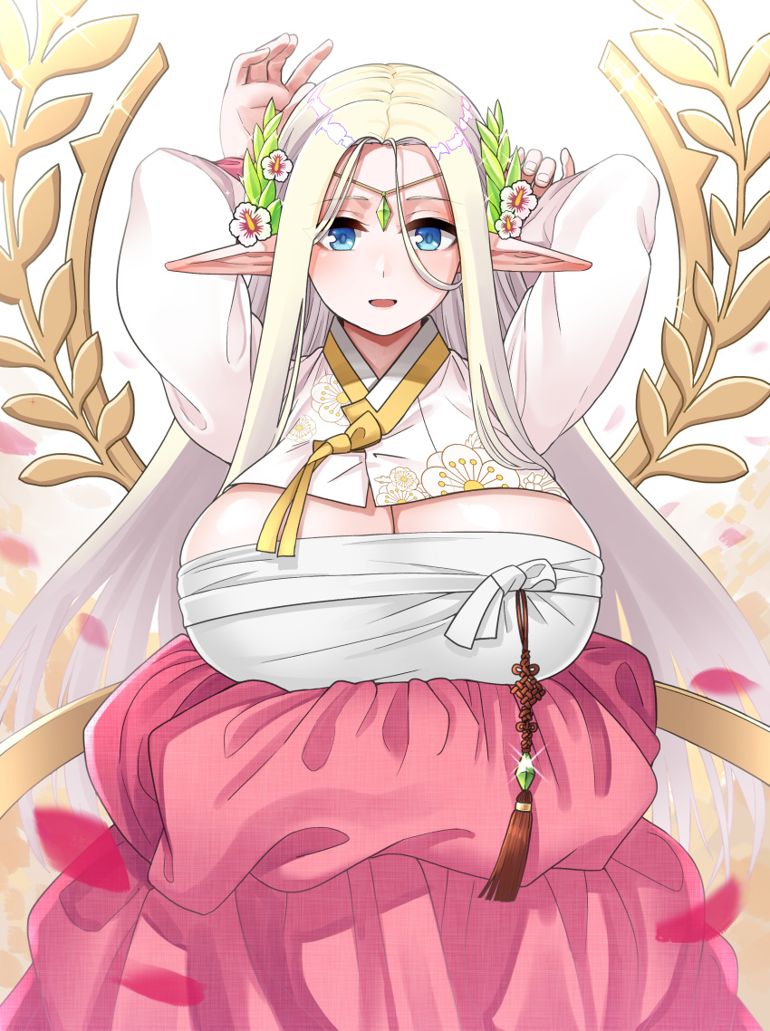 1girl absurdres blonde_hair blue_eyes breasts cerestia_of_life circlet cleavage cleavage_cutout clothing_cutout elf flower hair_between_eyes hair_flower hair_ornament hanbok highres huge_breasts korean_clothes korean_text last_origin long_hair long_pointy_ears open_mouth pointy_ears smile solo very_long_hair yong-gok