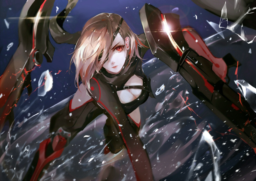 1girl absurdres bangs black_pants breasts brown_hair character_request cleavage cleavage_cutout clothing_cutout eyepatch forever_7th_capital greaves hair_over_one_eye highres holding holding_weapon large_breasts light_particles long_sleeves looking_at_viewer pants red_eyes short_hair solo thigh_cutout vardan weapon