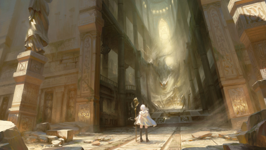 1girl absurdres cloak dragon from_behind highres holding holding_staff kneehighs long_hair original outdoors photoshop_(medium) pillar planted_sword planted_weapon red_eyes rubble ruins sand scenery shadow solo staff stairs statue sword temple void_0 weapon white_cloak white_hair wind