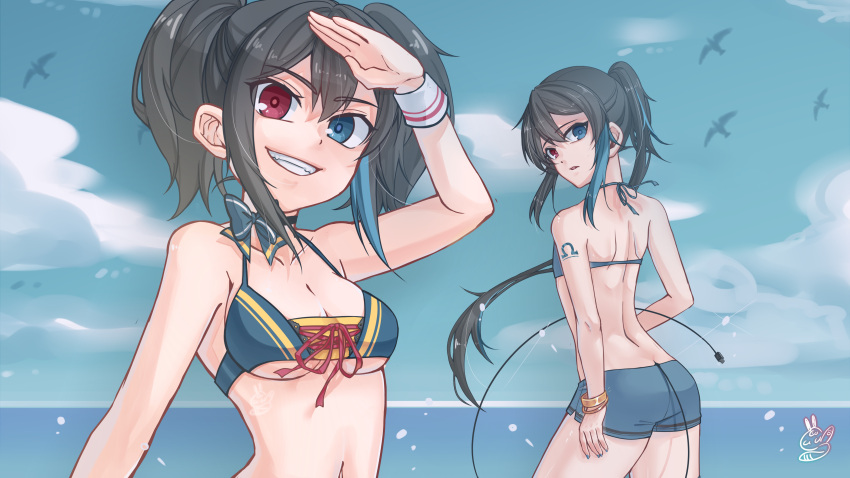 1girl absurdres bangs bird black_hair blue_eyes blue_hair blue_swimsuit breasts cleavage death100022 heterochromia highres medium_breasts midriff midriff_peek multicolored_hair multiple_views ocean ponytail red_eyes salute seagull swimsuit swimwear tail twintails two_side_up underboob utau wrist_cuffs yokune_ruko