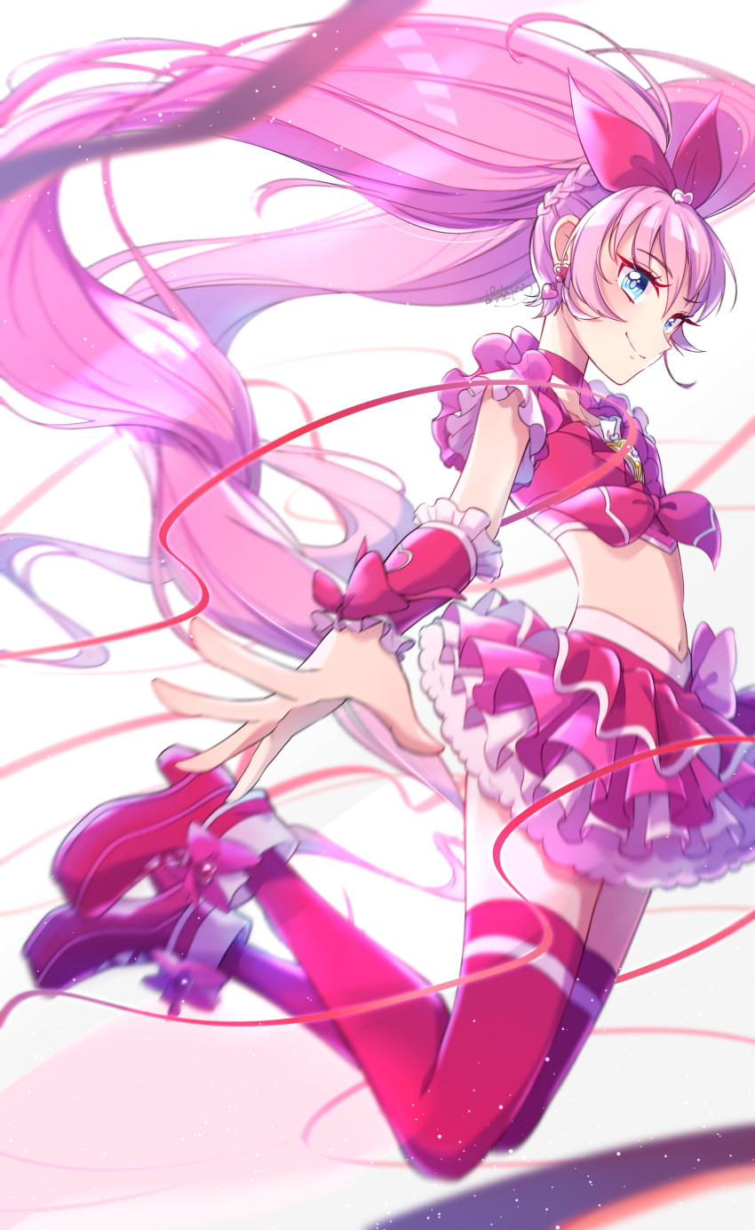1girl absurdres agura_dou backlighting blue_eyes bow braid brooch choker closed_mouth crop_top cure_melody earrings frilled_skirt frills full_body hair_bow hair_ornament heart heart_earrings heart_hair_ornament highres houjou_hibiki jewelry jumping layered_skirt long_hair looking_at_viewer magical_girl midriff navel pink_bow pink_footwear pink_hair pink_legwear pink_neckwear pink_skirt pink_theme precure red_ribbon ribbon shoes signature simple_background skirt smile solo suite_precure thighhighs twintails white_background wrist_cuffs zettai_ryouiki