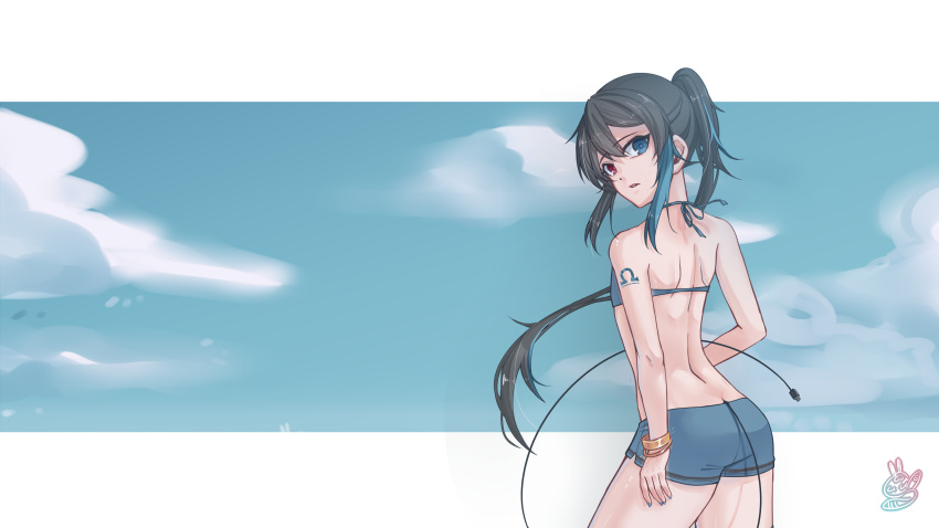 1girl absurdres bangs bird black_hair blue_eyes blue_hair blue_swimsuit bracelet death100022 heterochromia highres jewelry multicolored_hair ocean ponytail red_eyes seagull swimsuit swimwear tail utau yokune_ruko