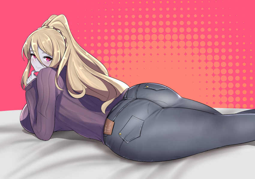 1girl altronage ass blonde_hair blush braid breasts closed_mouth colored_skin commission grey_skin hair_between_eyes highres huge_breasts long_hair long_sleeves looking_at_viewer looking_back lying monster_girl monster_girl_encyclopedia on_stomach pants ponytail smile solo sweater wight_(monster_girl_encyclopedia)