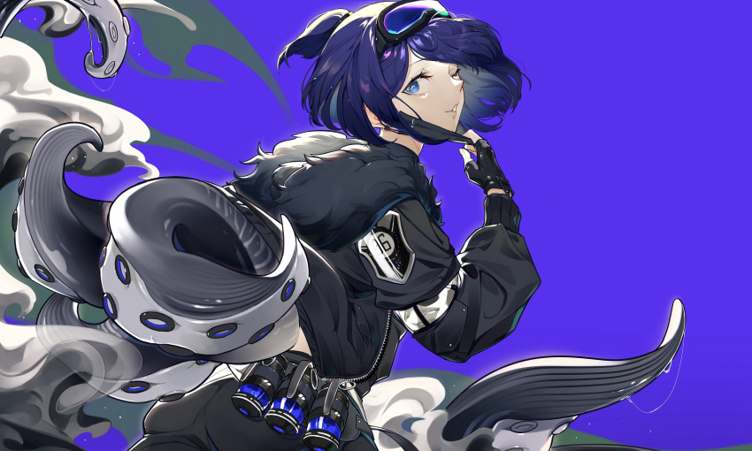 1girl absurdres andreana_(arknights) arknights dpea9 duplicate fingerless_gloves from_side gloves goggles goggles_on_head highres hood hooded_jacket jacket looking_at_viewer one_eye_closed purple_hair short_hair solo tentacles