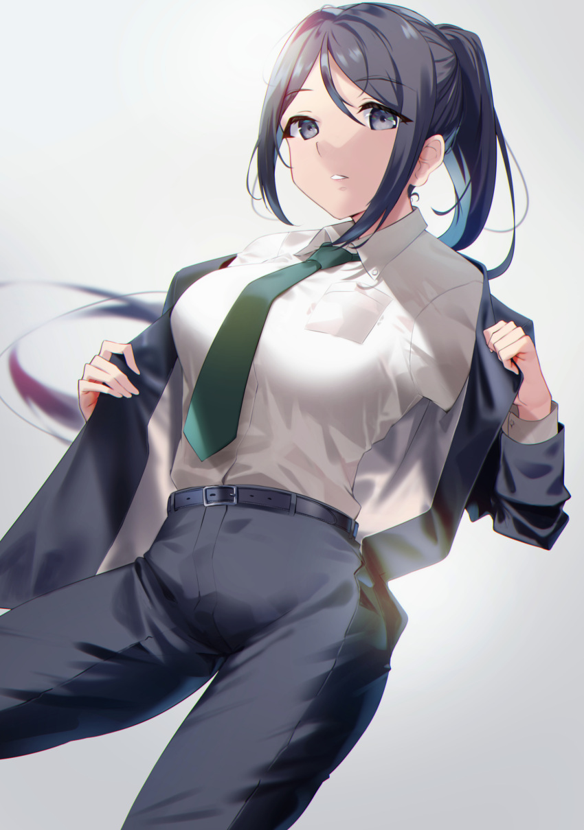 1girl absurdres belt black_jacket black_pants blue_eyes breasts dark_blue_hair formal green_neckwear highres jacket long_hair long_sleeves looking_at_viewer love_live! love_live!_sunshine!! matsuura_kanan medium_breasts necktie open_clothes open_jacket pants shirt solo suit white_shirt yamaori_(yamaorimon)