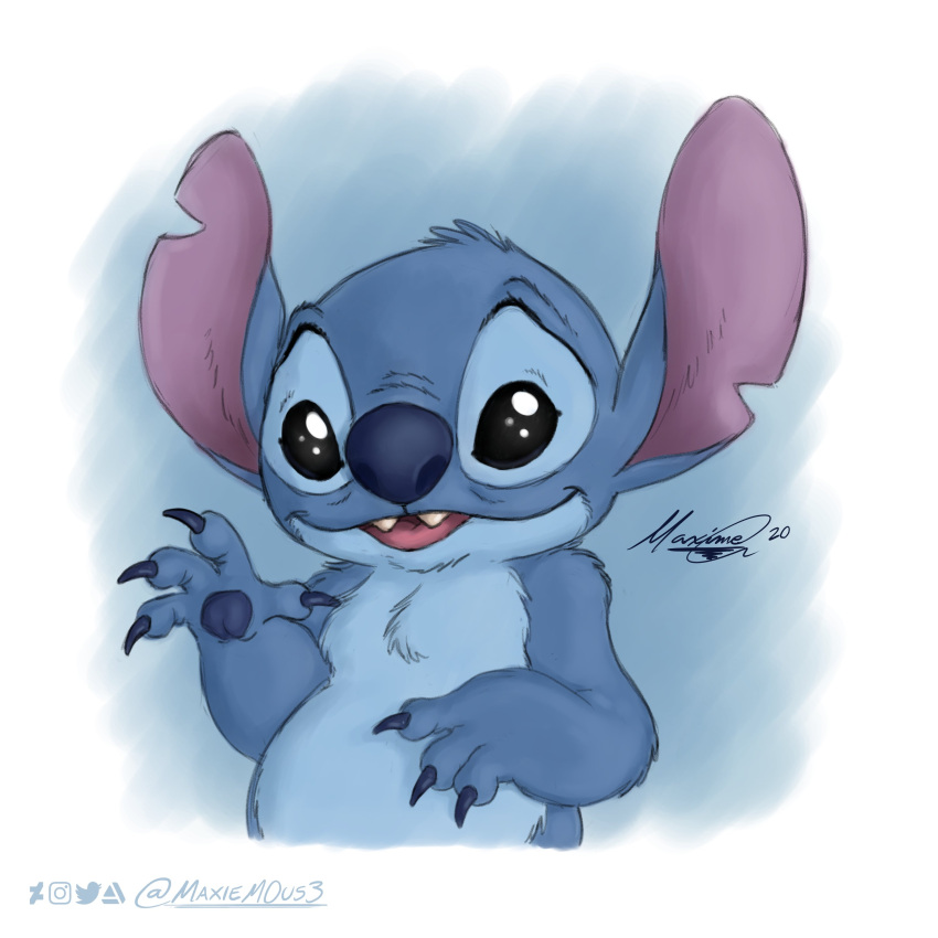 1:1 2020 4_fingers absurd_res alien artstation black_eyes blue_body blue_claws blue_fur blue_nose blue_pawpads blue_theme chest_tuft claws colored_sketch deviantart disney experiment_(lilo_and_stitch) fingers fur gesture half-length_portrait head_tuft hi_res instagram lilo_and_stitch looking_at_viewer maxiem0us3 notched_ear open_mouth open_smile pawpads portrait purple_inner_ear signature smile solo stitch_(lilo_and_stitch) tongue tuft twitter waving