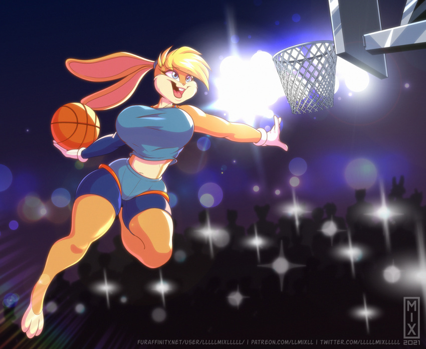 2021 anthro ball basketball_(ball) basketball_uniform big_breasts blonde_hair blue_eyes breasts buckteeth clothed clothing digital_media_(artwork) female hair lagomorph leporid llmixll lola_bunny looney_tunes mammal open_mouth rabbit solo sportswear teeth text uniform url warner_brothers