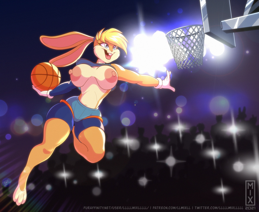 anthro ball basketball_(ball) big_breasts breasts clothed clothing female lagomorph leporid llmixll lola_bunny looney_tunes mammal rabbit raised_clothing raised_shirt raised_topwear shirt solo topwear warner_brothers