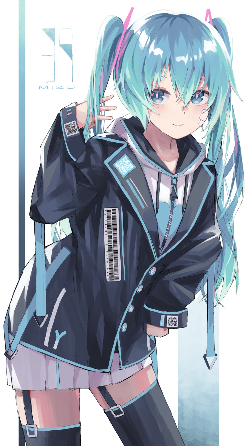 1girl 39 absurdres aqua_eyes aqua_hair azarasi_haru bandage_on_face bandages barcode black_jacket character_name commentary garter_straps hair_ornament hand_on_hip hand_up hatsune_miku highres hood hoodie jacket leaning_forward long_hair looking_at_viewer qr_code smile solo spring_onion_print standing thighhighs twintails very_long_hair vocaloid w white_background white_hoodie zettai_ryouiki zipper zipper_pull_tab
