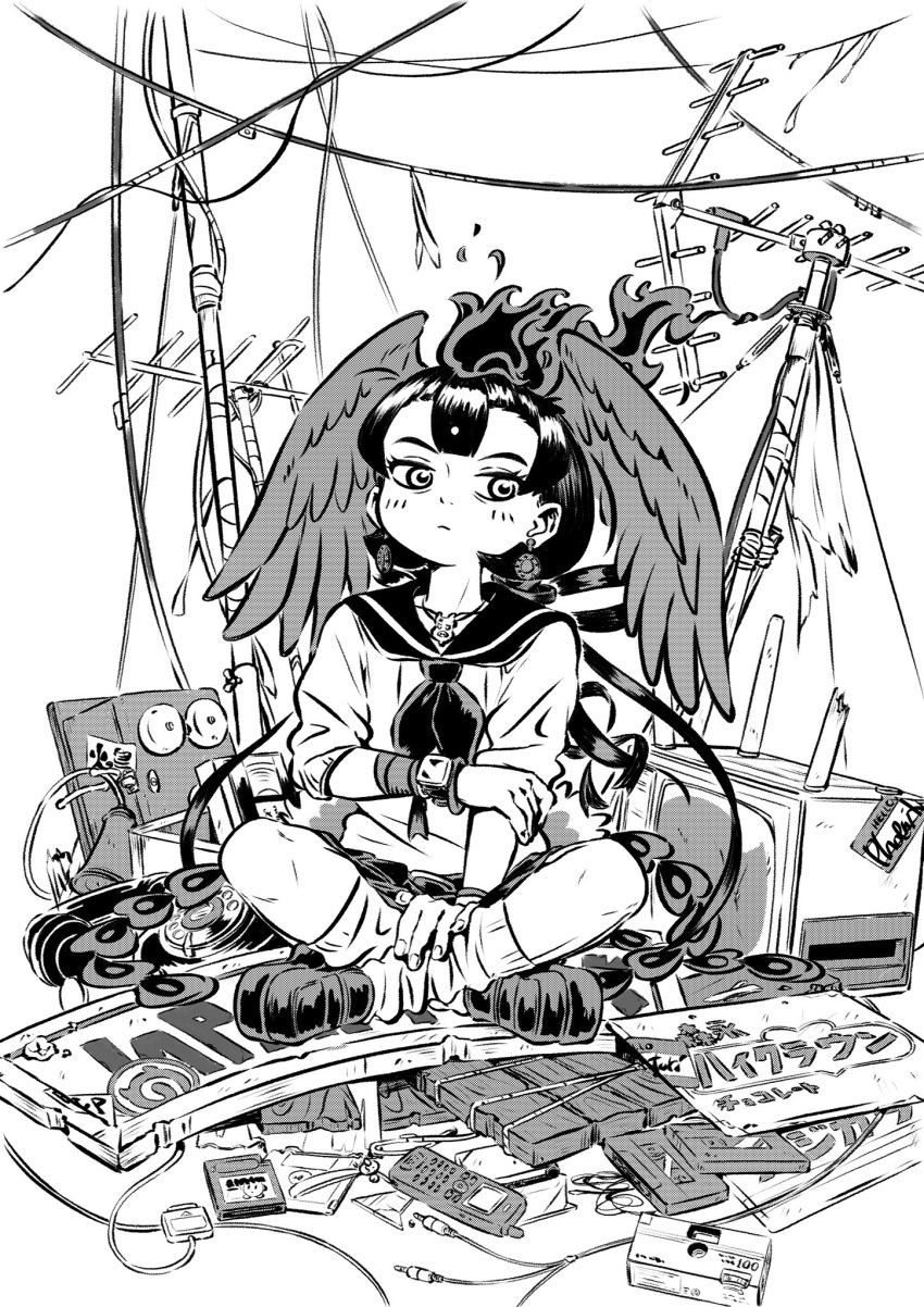 1girl alternate_costume appleq bird_tail bird_wings camera cassette_tape cellphone closed_mouth contemporary earrings expressionless fiery_hair fire floppy_disk full_body game_cartridge greyscale hand_on_own_arm hand_on_own_leg head_wings hi_no_tori hi_no_tori_(kemono_friends) highres indian_style jewelry kemono_friends knees_apart_feet_together looking_at_viewer monochrome outstretched_arm pendant phone radio_antenna rotary_phone sailor_collar school_uniform shirt shoes short_hair sign sitting sitting_on_object skirt socks solo tail television videocassette watch wings wristwatch