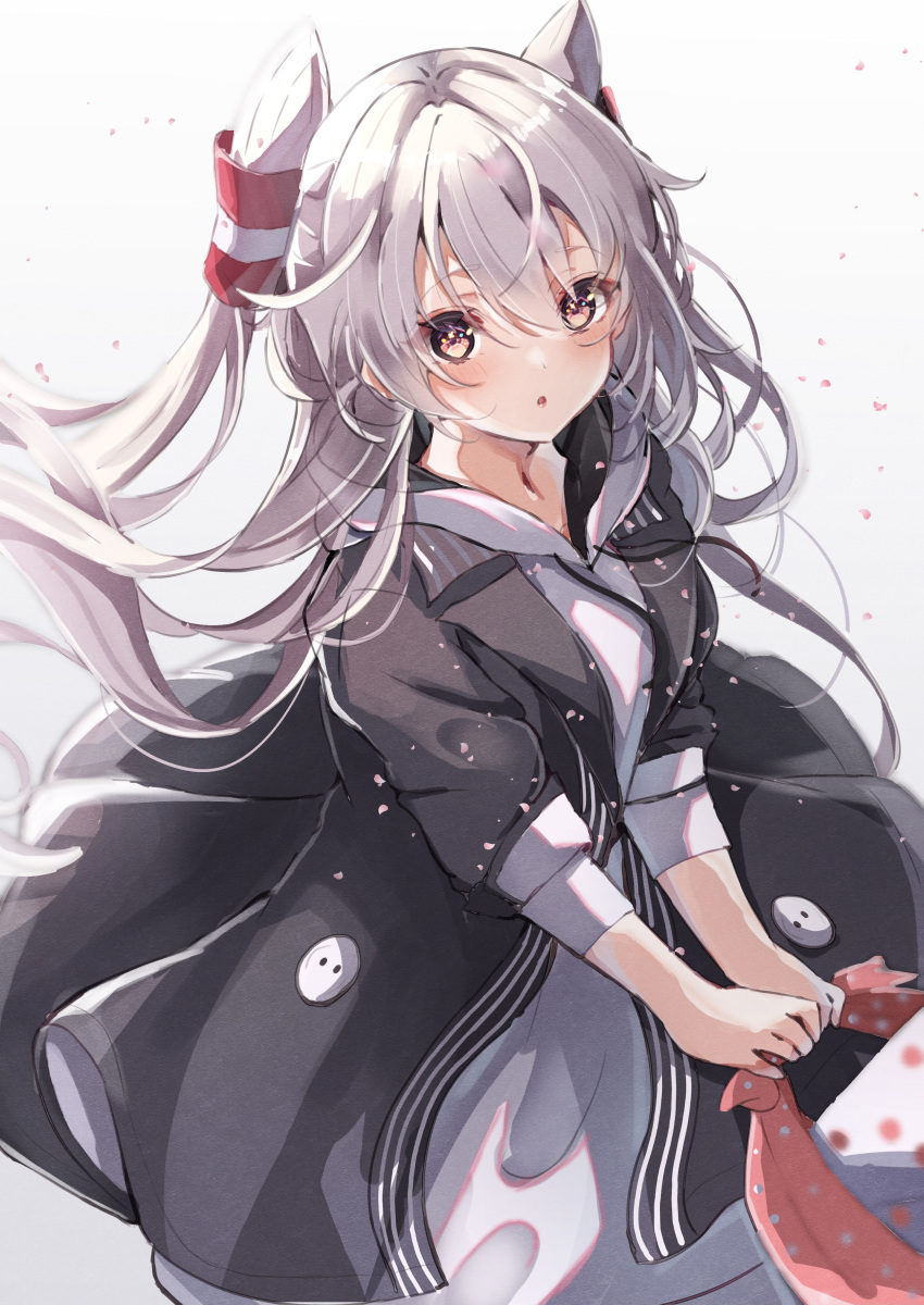 1girl absurdres amatsukaze_(kancolle) black_coat brown_eyes coat cowboy_shot dress grey_dress hair_tubes highres hood hooded_dress hoodie kantai_collection long_hair looking_at_viewer obentou official_alternate_costume sa-ya2 silver_hair solo two_side_up windsock