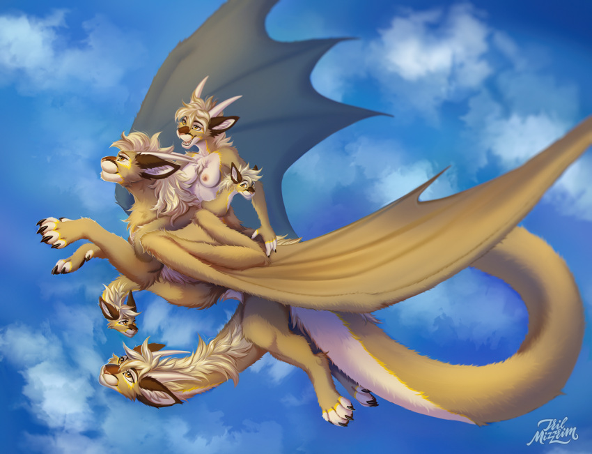 2021 anthro areola breasts day detailed_background digital_media_(artwork) dragon female fur furred_dragon membrane_(anatomy) membranous_wings nipples nude outside sky smilegroup tril-mizzrim wings