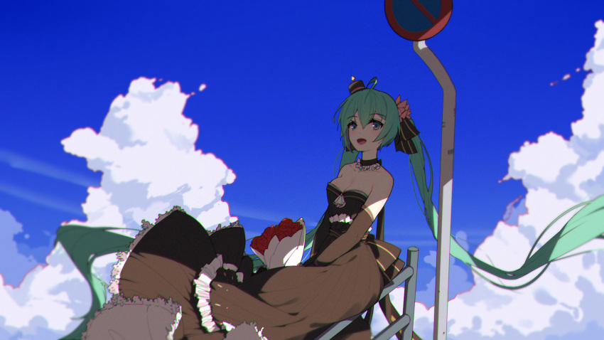 1girl bangs bare_shoulders black_choker black_dress blue_eyes blue_sky bouquet breasts choker cleavage cloud collarbone commentary day dress eyebrows_visible_through_hair flower frilled_choker frilled_dress frills green_hair hair_between_eyes hatsune_miku highres long_hair medium_breasts no_stopping_sign outdoors railing red_flower red_rose road_sign rose sign sky solo strapless strapless_dress twintails very_long_hair vocaloid zhayin-san