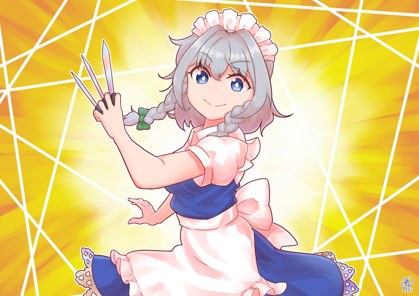 1girl apron back_bow bangs between_fingers blue_dress bow braid breasts bright_pupils closed_mouth dress eyebrows_visible_through_hair green_bow grey_hair hair_between_eyes hair_bow hair_ribbon hand_up highres holding holding_knife izayoi_sakuya knife looking_at_viewer maid_apron maid_headdress medium_breasts orange_background puffy_short_sleeves puffy_sleeves ribbon short_hair short_sleeves side_braids simple_background smile solo standing throwing_knife touhou tress_ribbon twin_braids upper_body v-shaped_eyebrows waist_apron weapon white_apron white_bow white_headwear white_pupils zanasta0810