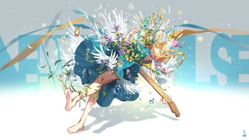 barefoot blonde_hair dress flowers guitar halo instrument original planet shijohane wings