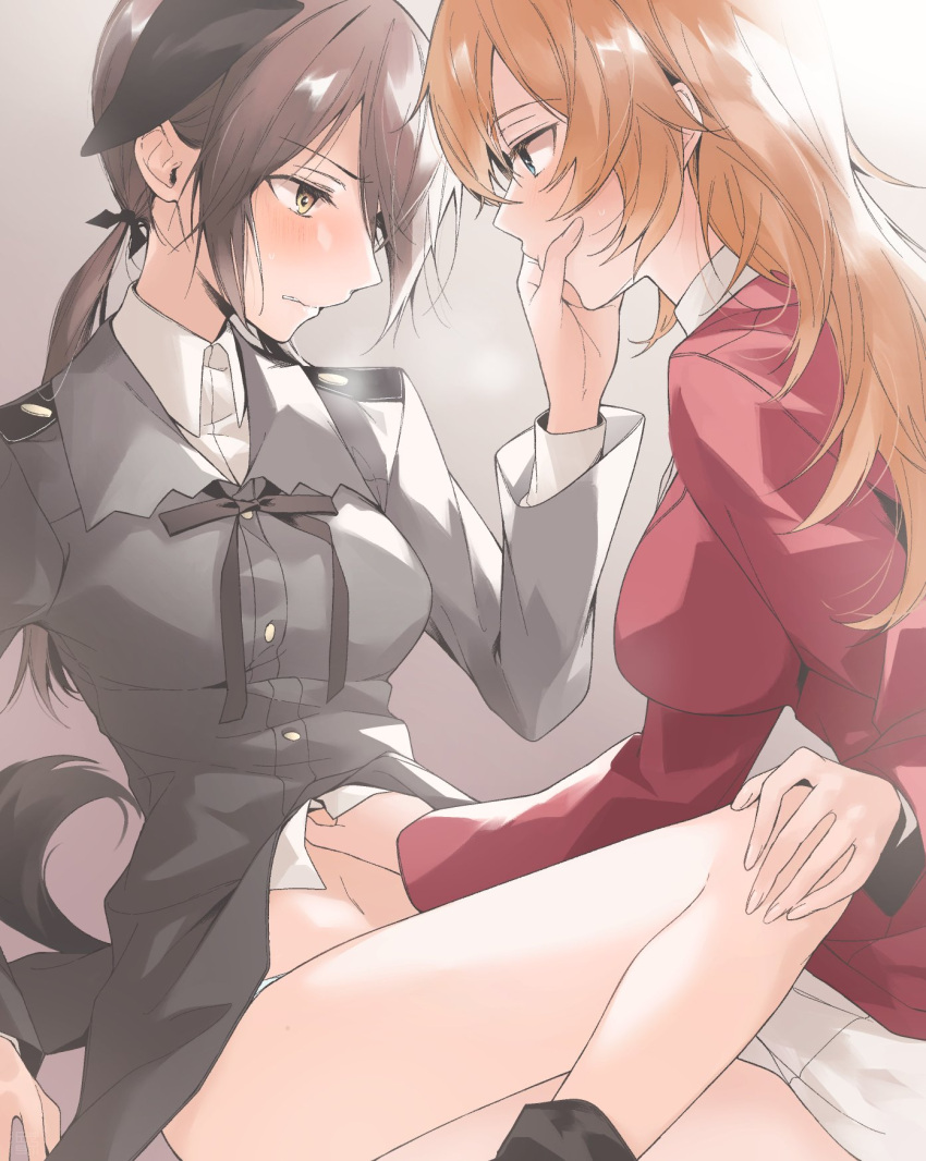 2girls animal_ears annoyed bare_legs blue_eyes blush brown_eyes brown_hair charlotte_e_yeager eyebrows_visible_through_hair gertrud_barkhorn hand_on_another's_cheek hand_on_another's_face hand_on_another's_knee hand_on_another's_stomach highres long_hair looking_at_another military military_uniform multiple_girls saki_hajime simple_background strike_witches uniform world_witches_series yuri