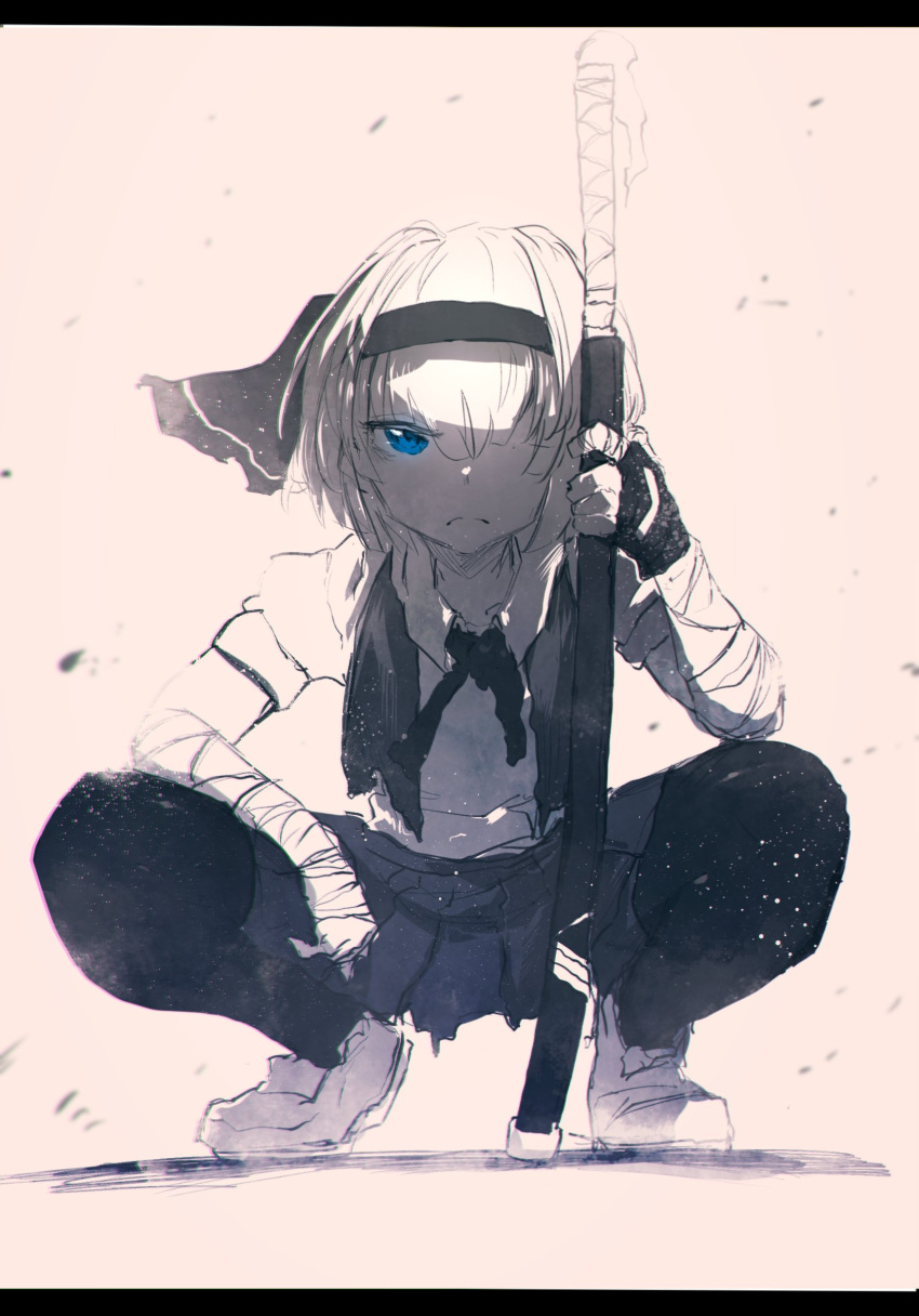 1girl absurdres bandaged_arm bandaged_fingers bandages black_gloves black_hairband black_legwear black_neckwear black_ribbon blue_eyes fingerless_gloves frown full_body gloves glowing hair_over_one_eye hair_ribbon hairband highres holding holding_sword holding_weapon katana konpaku_youmu looking_at_viewer neck_ribbon niwarizumu pantyhose pleated_skirt ribbon shirt shoes short_hair short_sleeves single_glove skirt solo squatting sword touhou vest weapon white_hair white_shirt