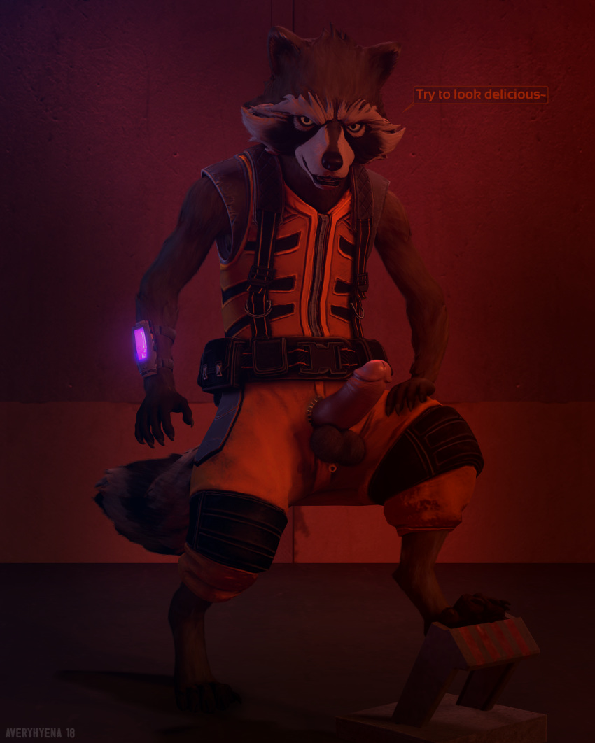 2018 3d_(artwork) anthro averyhyena balls big_penis claws clothed clothing digital_media_(artwork) erection fur glowing guardians_of_the_galaxy hindpaw humanoid_penis male marvel paws penis penis_through_fly poking_out raccoon rocket_raccoon solo source_filmmaker text toe_claws video_games