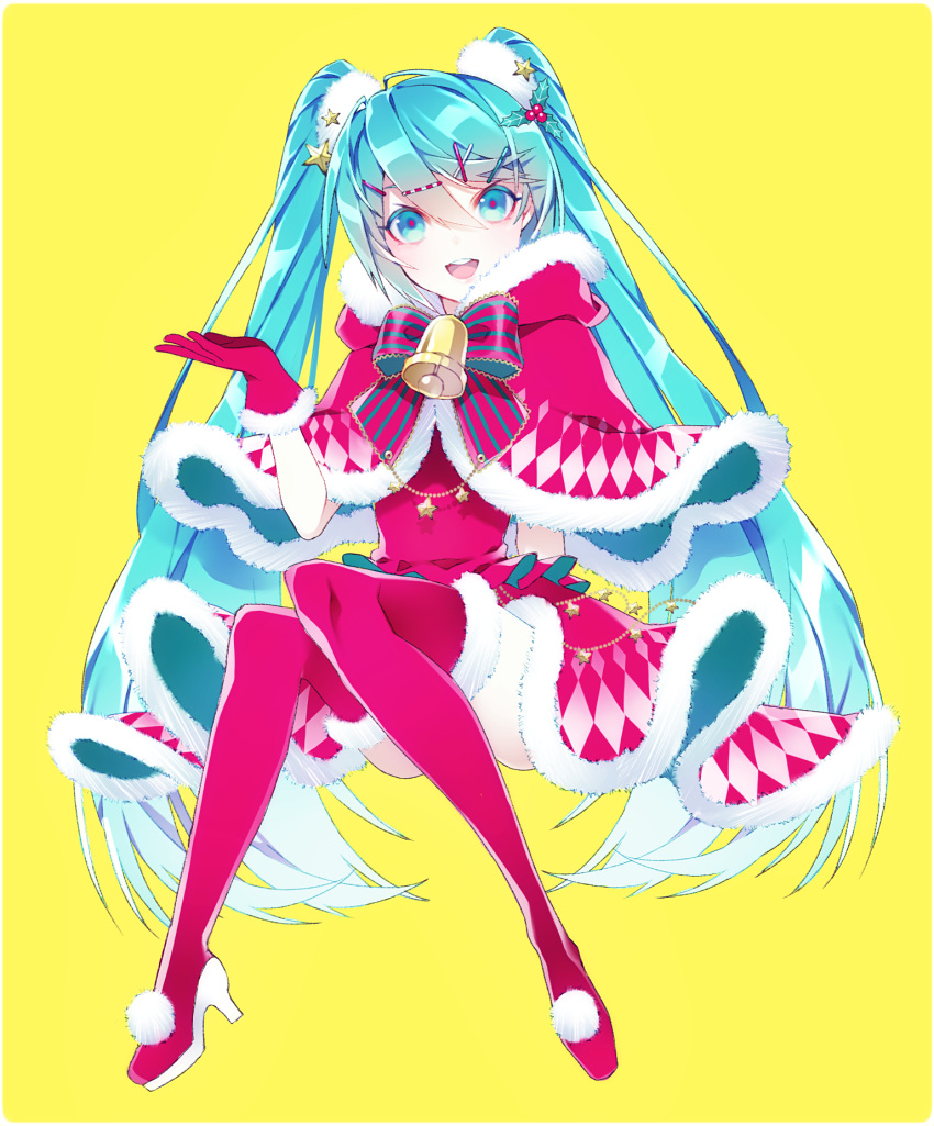 1055 1girl :d ball bangs blue_eyes blue_hair boots border capelet dress full_body fur-trimmed_boots fur-trimmed_capelet fur-trimmed_dress fur-trimmed_gloves fur_trim gloves gradient_hair hair_between_eyes hair_ornament hairclip hatsune_miku high_heel_boots high_heels highres invisible_chair long_hair looking_at_viewer multicolored_hair open_mouth red_capelet red_dress red_footwear red_gloves santa_costume shiny shiny_hair silver_hair simple_background sitting smile solo star_(symbol) star_hair_ornament striped striped_neckwear swept_bangs thigh_boots thighhighs very_long_hair vocaloid white_border yellow_background