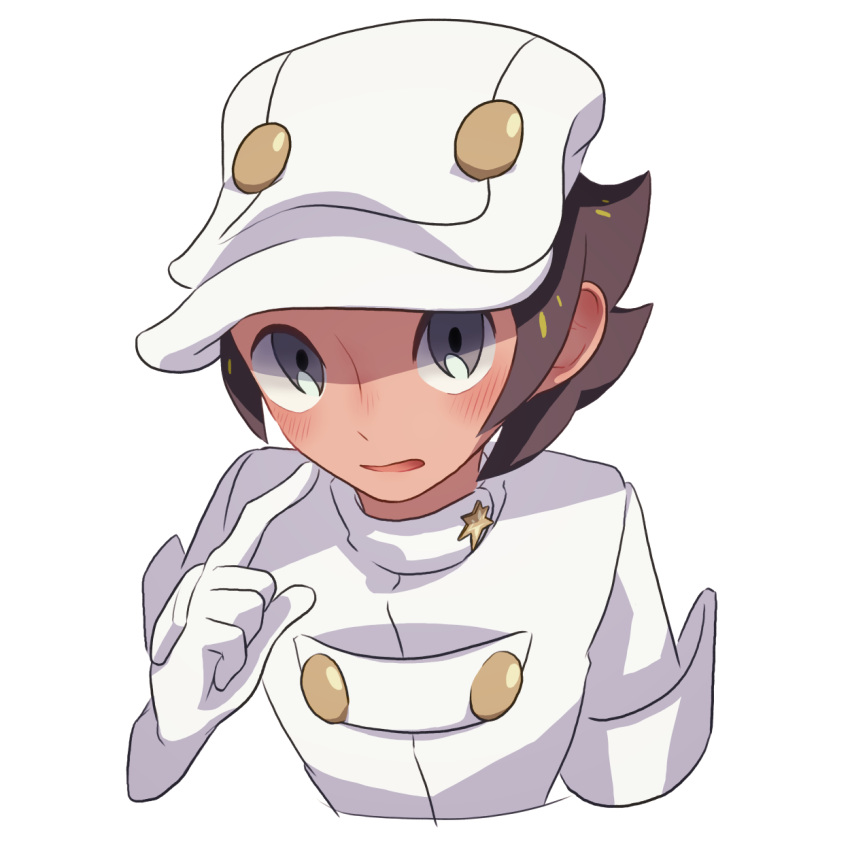 1boy aether_foundation_employee blush brown_hair grey_eyes hand_up hat highres index_finger_raised komurapk looking_at_viewer male_focus open_mouth pokemon pokemon_(game) pokemon_sm short_hair short_sleeves simple_background solo upper_body white_background white_headwear