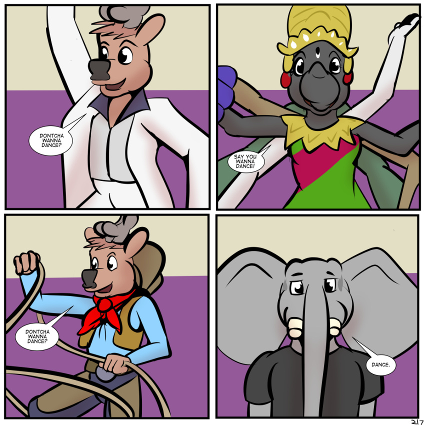 anthro antlers black_body black_nose black_skin blonde_hair breasts brown_body brown_fur brown_hair cervid cervine clothed clothing comic dancing dialogue dress elephant elephantid english_text female fur grey_body grey_skin group hair hi_res horn justin_(study_partners) male mammal proboscidean ragdoll_(study_partners) ratih_(study_partners) red_deer rhinocerotoid study_partners sumatran_rhinoceros teenager text thunderouserections topwear vest young