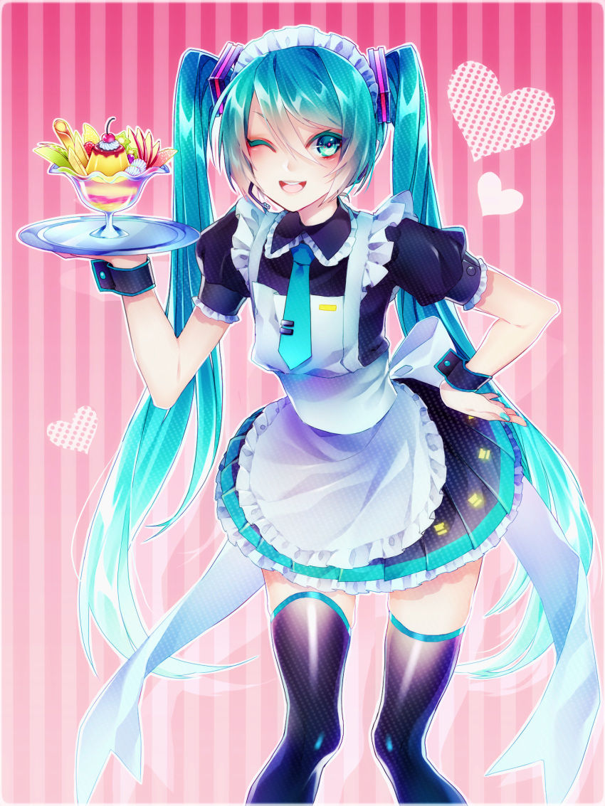 1055 1girl ;d alternate_costume apron black_legwear black_shirt black_skirt blue_eyes blue_hair blue_nails blue_neckwear enmaided floating_hair frilled_sleeves frills hand_on_hip hatsune_miku headset highres holding holding_plate leaning_forward long_hair maid maid_headdress microphone miniskirt nail_polish necktie one_eye_closed open_mouth pink_background plate pleated_skirt shiny shiny_hair shirt short_sleeves skirt smile solo standing striped striped_background thighhighs twintails very_long_hair vocaloid white_apron wrist_cuffs zettai_ryouiki