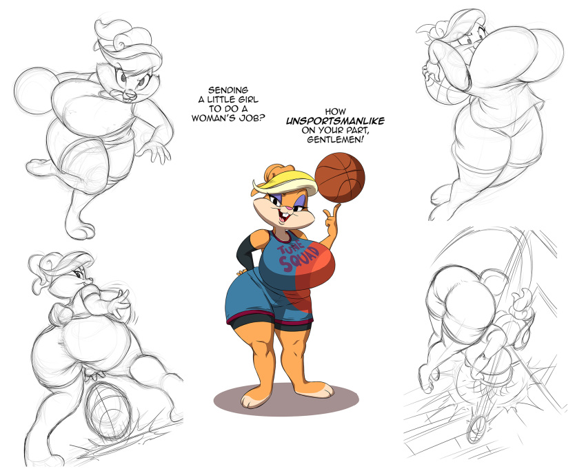 anthro ball basketball_(ball) big_breasts blonde_hair breasts chochi clothed clothing dialogue female hair hi_res huge_breasts lagomorph leporid mammal mature_anthro mature_female patricia_bunny rabbit solo the_looney_tunes_show warner_brothers