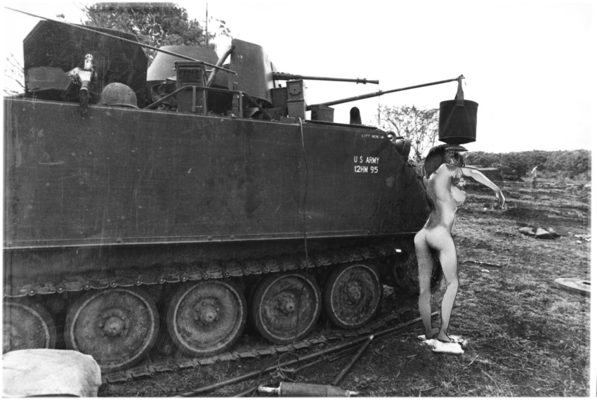 1girl ass bathing bitchcraft123 breasts from_behind greyscale ground_vehicle intrepid_(kancolle) kantai_collection large_breasts long_hair military military_vehicle monochrome motor_vehicle nude outdoors photo_background ponytail solo standing tank vietnam_war washing
