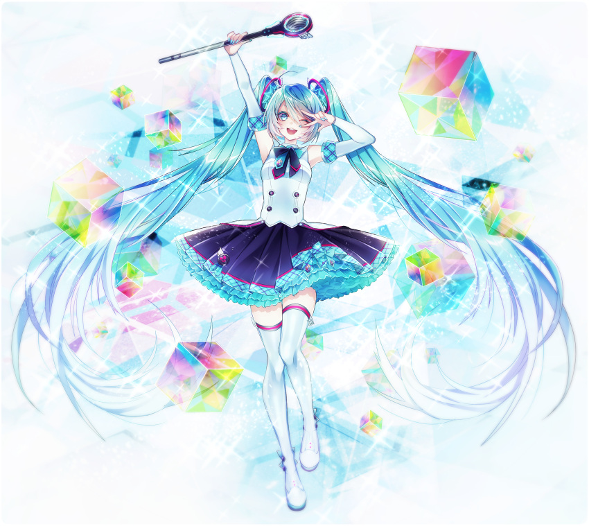 1055 1girl ;d absurdly_long_hair absurdres arm_up armpits bangs black_neckwear black_skirt blue_eyes blue_hair blue_nails boots detached_sleeves floating_hair full_body gradient_hair hair_ornament hatsune_miku highres holding holding_staff long_hair long_sleeves looking_at_viewer multicolored_hair nail_polish one_eye_closed open_mouth pleated_skirt shiny shiny_hair shirt silver_hair skirt sleeveless sleeveless_shirt smile solo staff standing swept_bangs thigh_boots thighhighs very_long_hair vocaloid white_background white_footwear white_shirt white_sleeves zettai_ryouiki