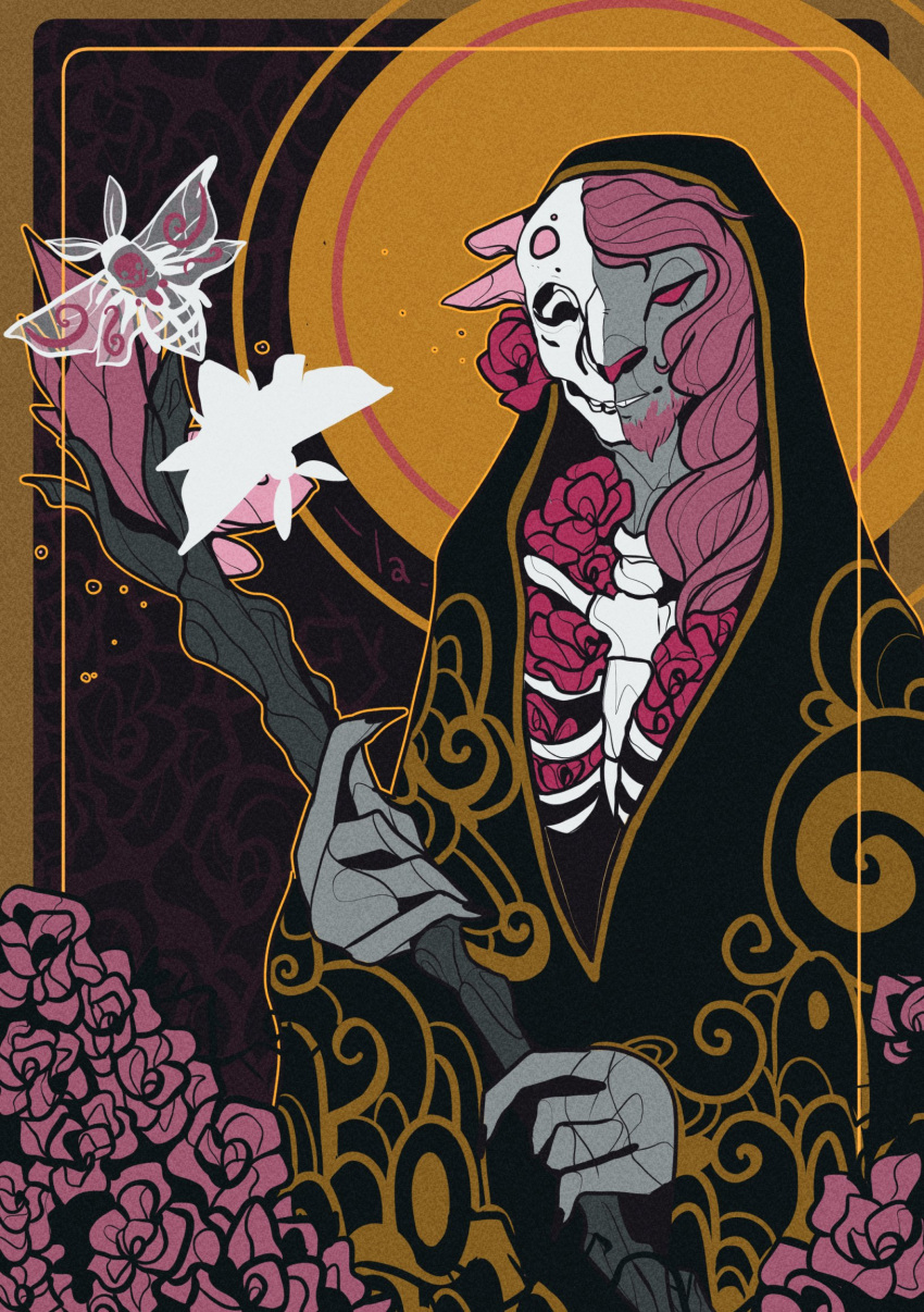 abstract ambiguous_gender arthropod caduceus_clay card cloak clothing cmyklala critical_role death_(personification) faun firbolg hair halo hi_res insect lepidopteran long_hair moth red_hair restricted_palette rose_(disambiguation) solo staff tarot_card