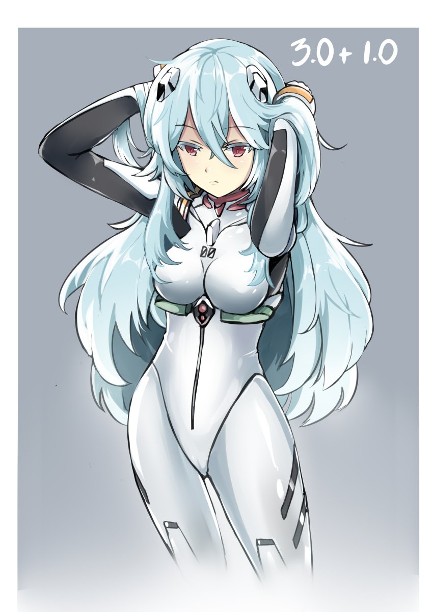 1girl absurdres alternate_hair_length alternate_hairstyle ayanami_rei bangs blue_hair bodysuit breasts commentary evangelion:_3.0+1.0_thrice_upon_a_time eyebrows_visible_through_hair highres long_hair neon_genesis_evangelion plugsuit rebuild_of_evangelion red_eyes shiny shiny_clothes shiny_hair sidelocks small_breasts solo spoilers sudhiro_sappurisa very_long_hair