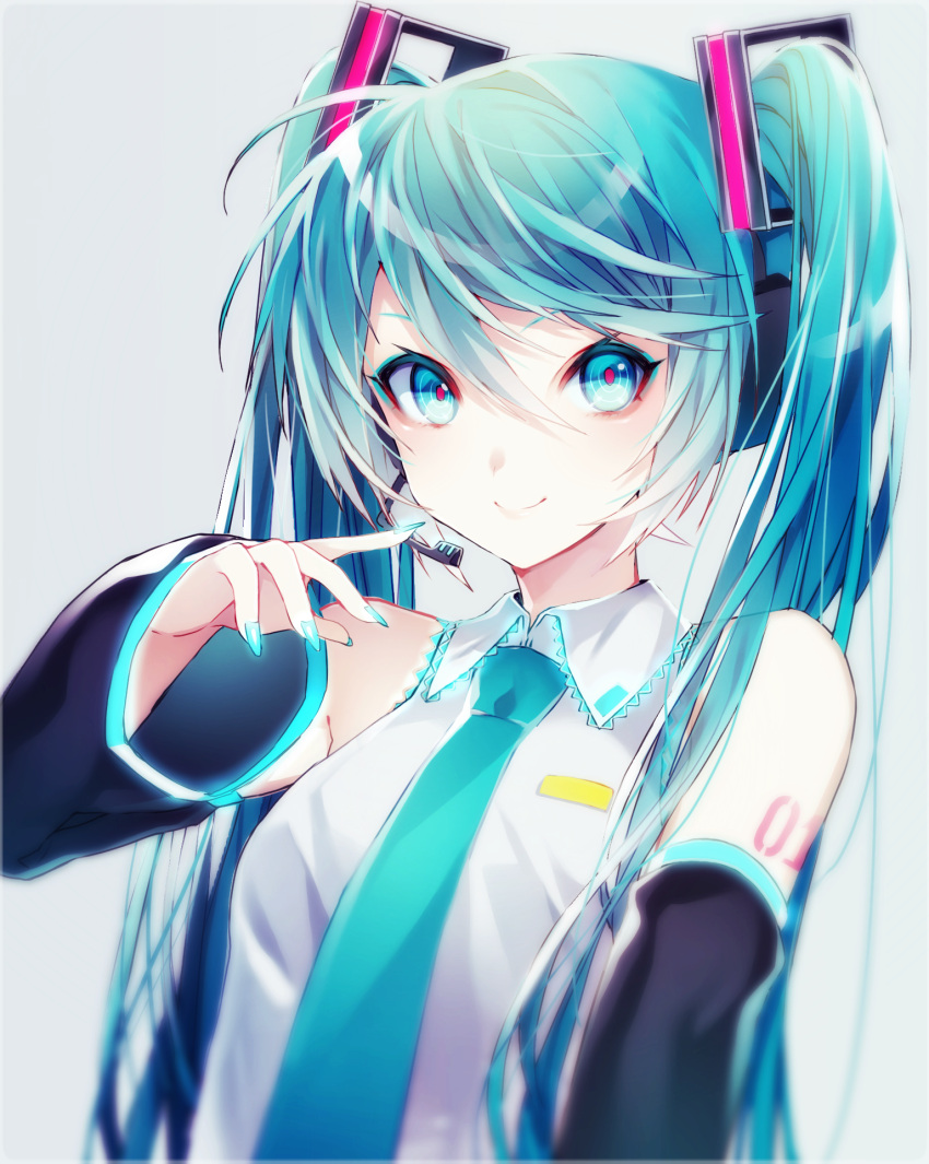 1055 1girl bangs black_sleeves blue_eyes blue_hair blue_nails blue_neckwear closed_mouth collared_shirt detached_sleeves grey_background hair_between_eyes hair_ornament hatsune_miku headphones headset highres long_hair long_sleeves looking_at_viewer microphone nail_polish necktie shiny shiny_hair shirt sleeveless sleeveless_shirt smile solo twintails upper_body very_long_hair vocaloid white_shirt wing_collar