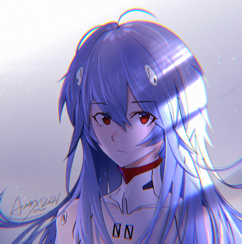 1girl ahoge alenx_kevin alternate_hair_length alternate_hairstyle ayanami_rei bangs blue_hair commentary_request evangelion:_3.0+1.0_thrice_upon_a_time eyebrows_visible_through_hair highres looking_at_viewer messy_hair neon_genesis_evangelion plugsuit rebuild_of_evangelion red_eyes shiny shiny_hair sidelocks signature solo spoilers upper_body