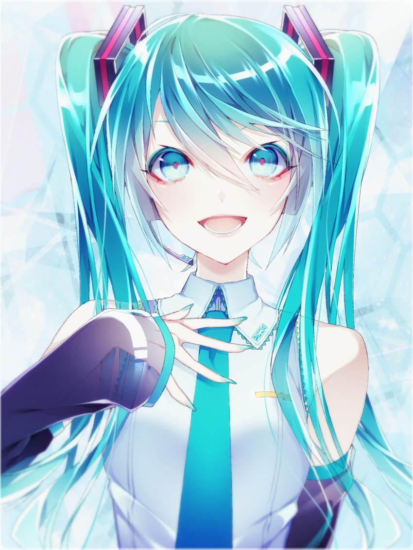 1055 1girl :d black_sleeves blue_eyes blue_hair blue_nails blue_neckwear collared_shirt detached_sleeves hair_ornament hatsune_miku headphones headset highres long_hair long_sleeves looking_at_viewer microphone nail_polish necktie open_mouth shiny shiny_hair shirt sleeveless sleeveless_shirt sleeves_past_wrists smile solo twintails upper_body very_long_hair vocaloid white_shirt wing_collar