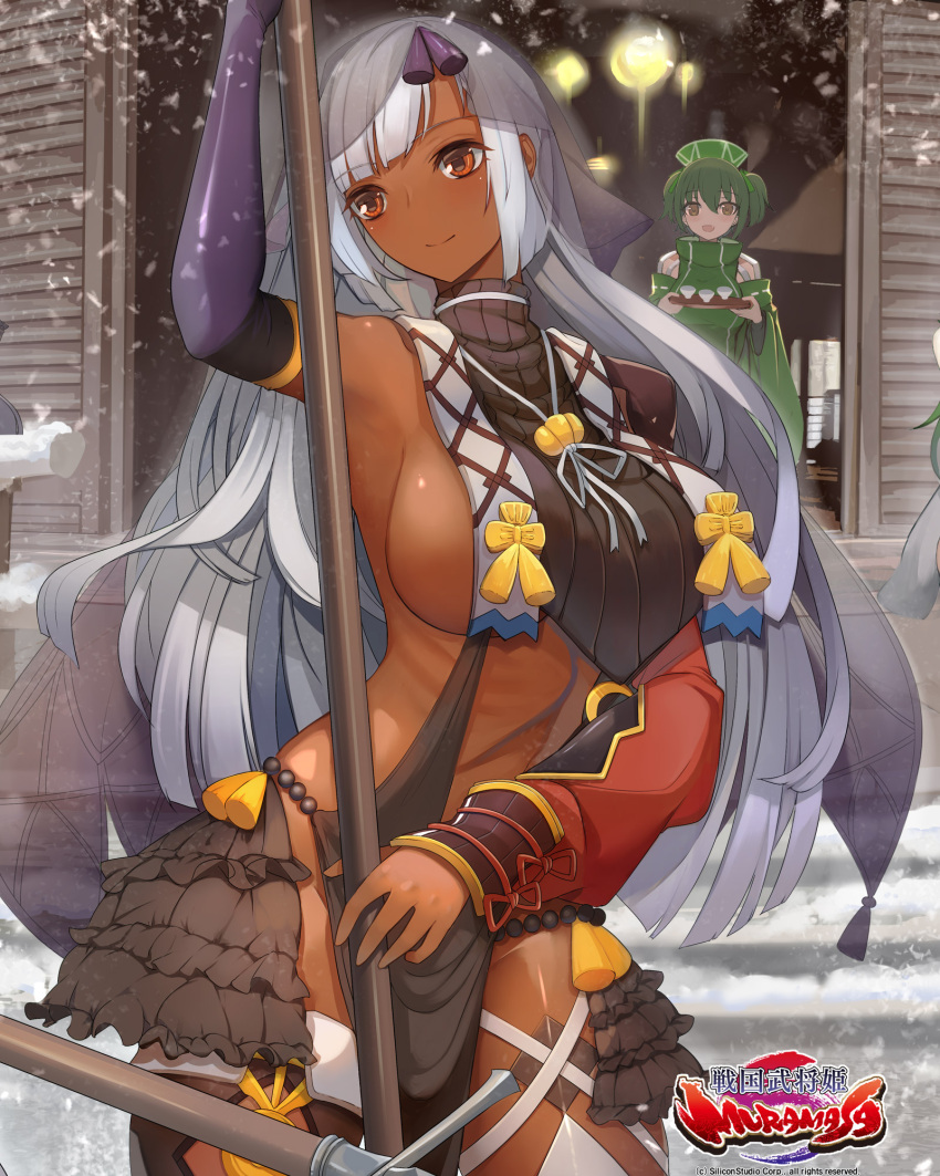 1girl armpits breasts dark_skin dark_skinned_female highres hozoin_in'ei_(sengouku_bushouki_muramasa) large_breasts pupps red_eyes ribbon sengoku_bushouki_muramasa shiny shiny_skin sideboob snow veil white_hair