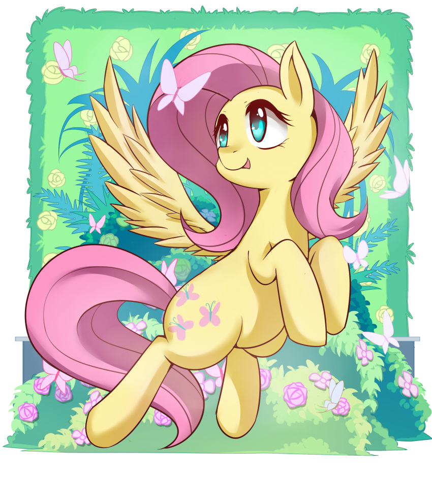 2016 absurd_res arthropod butterfly cbreturn cutie_mark equid equine feathered_wings feathers female feral flower fluttershy_(mlp) friendship_is_magic green_eyes hair hi_res insect lepidopteran long_hair mammal my_little_pony open_mouth pegasus pink_hair plant wings