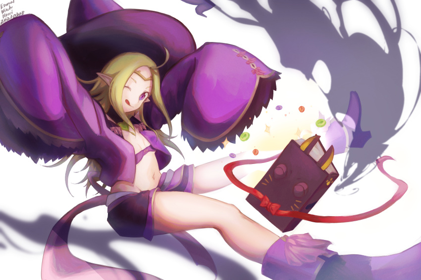 1girl ;q ahoge bandeau bangs book boots bow candy character_name circlet commentary_request dated detached_sleeves fire_emblem fire_emblem_awakening fire_emblem_heroes flat_chest floating floating_book floating_object food green_hair groin hair_down halloween_costume haraitai hat highres knee_boots long_hair looking_at_viewer manakete midriff navel nowi_(fire_emblem) one_eye_closed open_clothes open_vest parted_bangs pointy_ears purple_eyes purple_footwear purple_headwear purple_shorts purple_sleeves purple_vest short_shorts shorts sidelocks simple_background sleeves_past_fingers sleeves_past_wrists smile solo sparkle tongue tongue_out vest white_background witch_hat