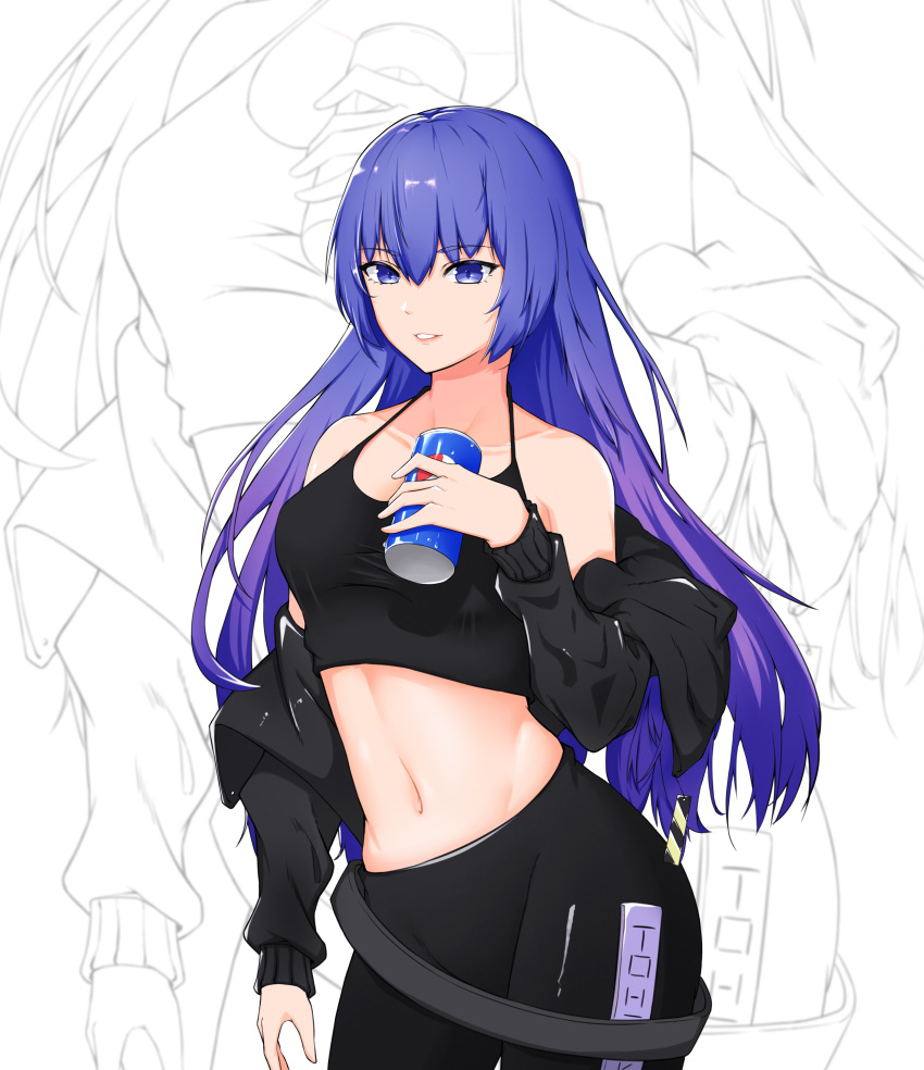 1girl absurdres bangs bare_shoulders black_jacket black_pants blue_eyes blue_hair breasts camisole can commentary_request cowboy_shot crop_top eyebrows_visible_through_hair grin halterneck hand_up highres holding holding_can jacket leggings long_hair long_sleeves looking_at_viewer medium_breasts midriff moeey_tienan navel off_shoulder original pants parted_lips pepsi smile soda_can solo standing stomach very_long_hair white_background zoom_layer