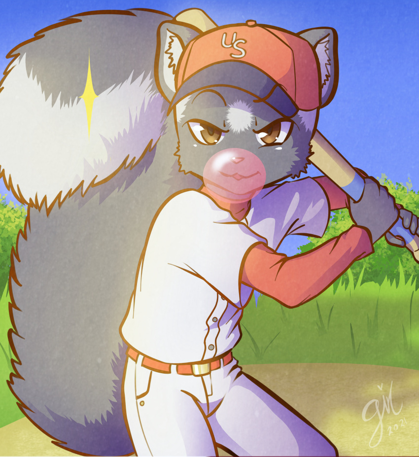 absurd_res anthro baseball_(sport) baseball_bat baseball_cap baseball_uniform bat_(object) big_tail black_body black_fur brown_eyes bubble_gum clothing fluffy fluffy_tail fur hat headgear headwear hi_res holding_object lemmy_(lemmy_niscuit) looking_at_viewer male mammal mephitid multicolored_body multicolored_fur otorigin outside portrait skunk sky solo sport sportswear spotted_skunk three-quarter_portrait two_tone_body two_tone_fur uniform white_body white_fur