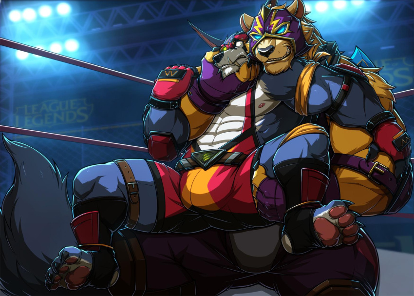 anthro arrest arrested big_muscles canid canine canis claws clothed clothing drks duo hi_res league_of_legends leagueoflegends male male/male mammal mask muscular muscular_anthro nipples riot_games video_games volibear warwick_(lol) wolf wrestler wrestling_briefs wrestling_match wrestling_singlet